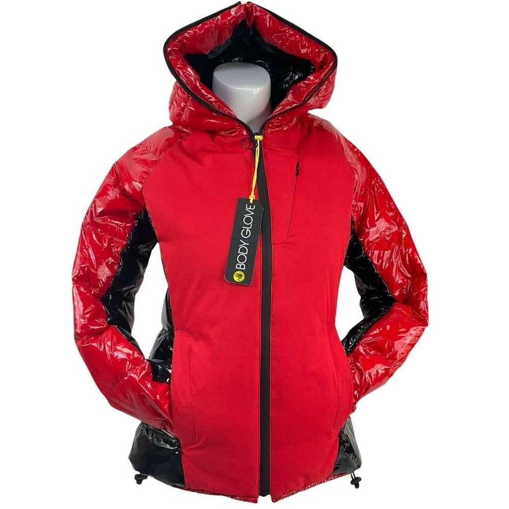 Body Glove Coat Womens Sz XS Down Puffer Parka Red Black Wet Look Msrp $350 Nwt